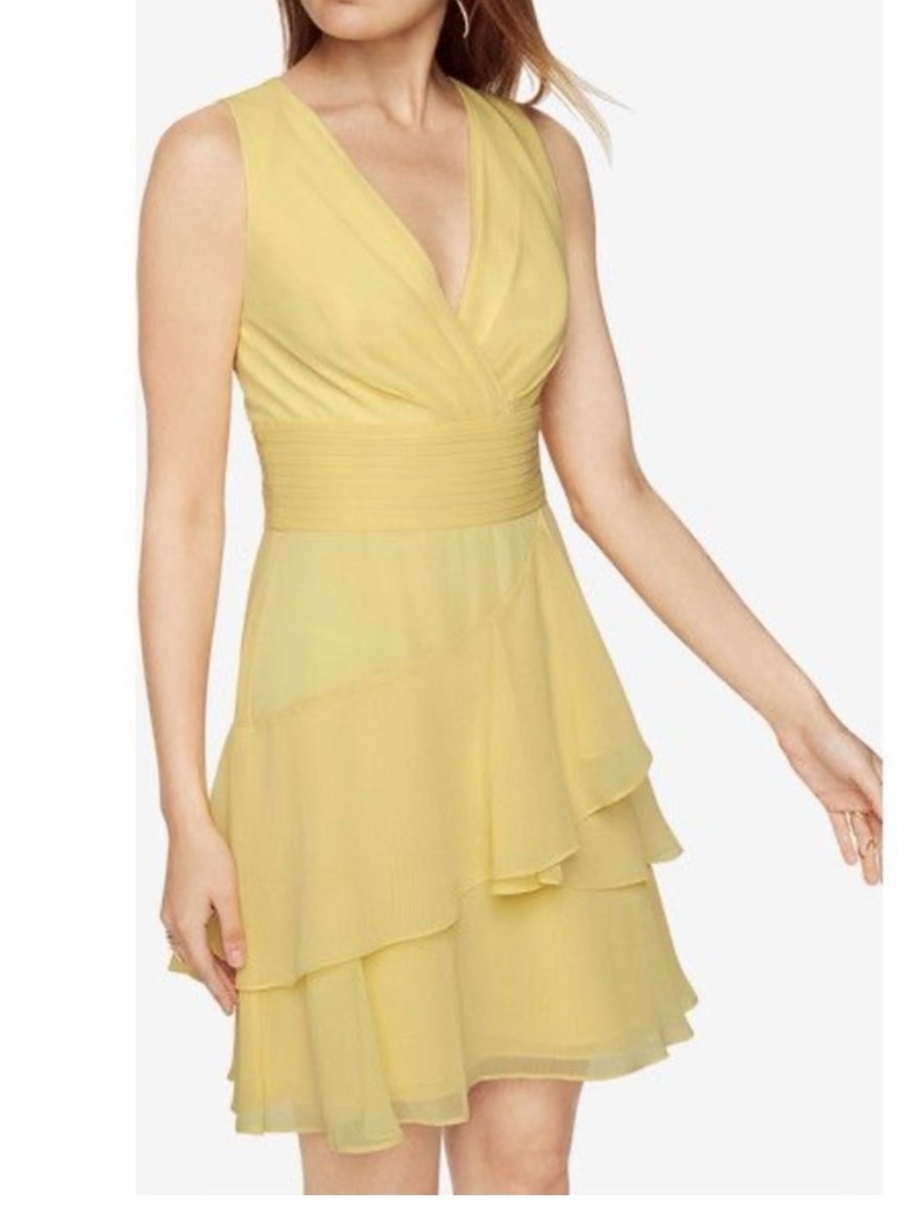 BCBGMAXAZRIA Marissa Yellow Sleeveless Pleated Ruffle Hem Cocktail Dress Chiffon
